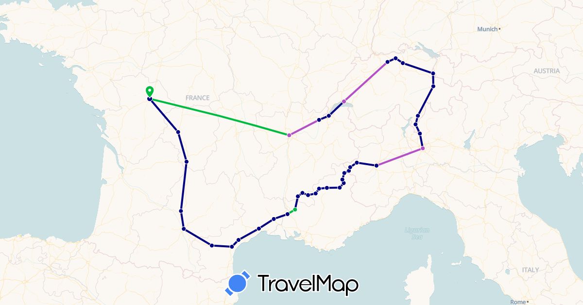TravelMap itinerary: driving, bus, train in Switzerland, France, Italy, Liechtenstein (Europe)